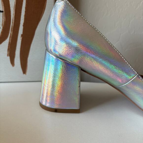 Zac Posen Silver Holographic Pointed Toe Slip On Block Heel Leather Pumps 8.5 - Picture 8 of 10
